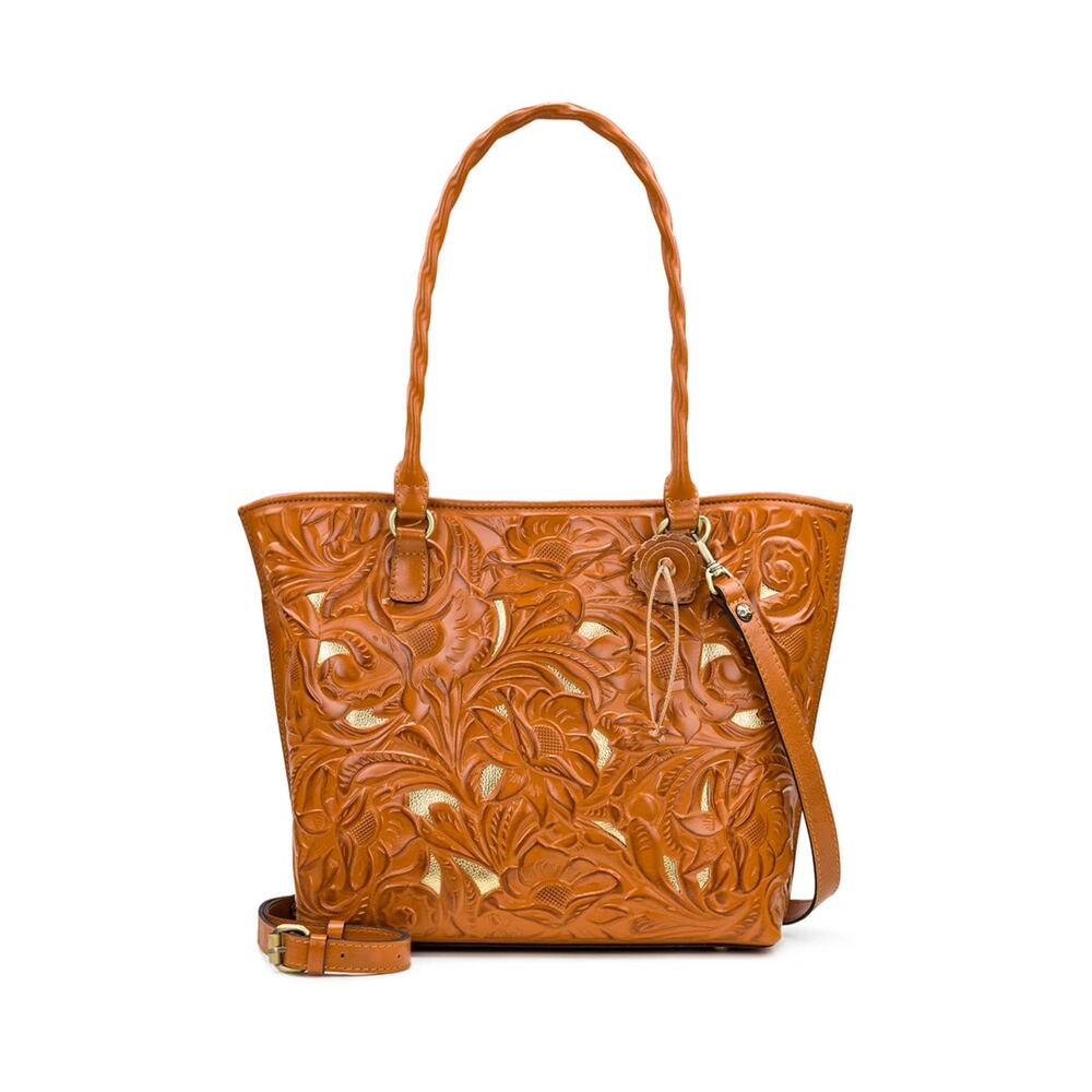 Patricia Nash Adeline Tote Burnished Cutout Tooled Leather Bag Cognac Camel